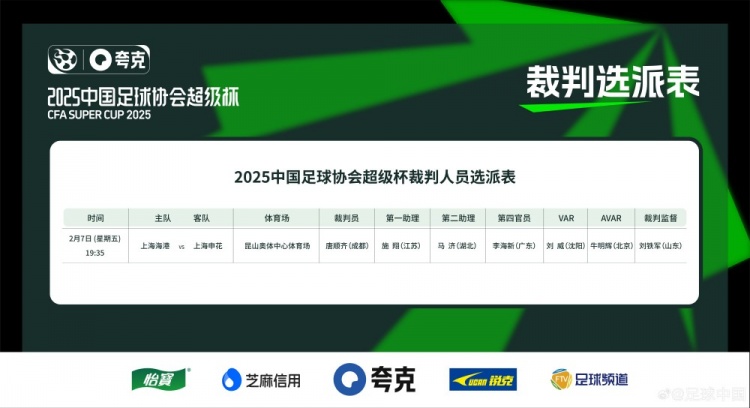 超級杯海港vs申花裁判員名單：主裁判唐順齊，VAR劉威
