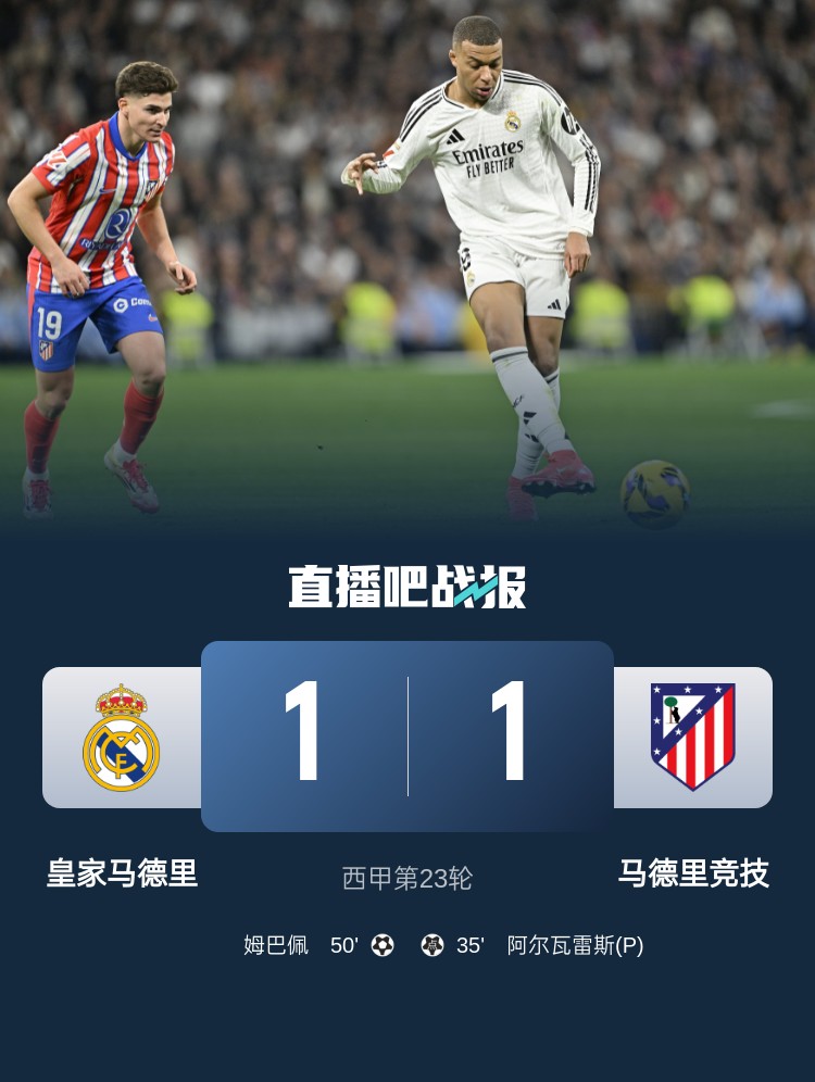  4平1負(fù)！皇馬聯(lián)賽對(duì)馬競已5場不勝，4次戰(zhàn)成1-1